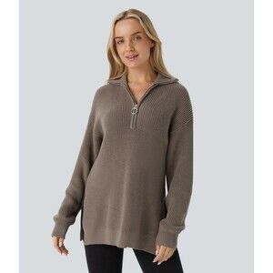 HALARA Funnel Neck 1/2 Zip Tunic XS Split Casual Sweater Desert Taupe NWT B40